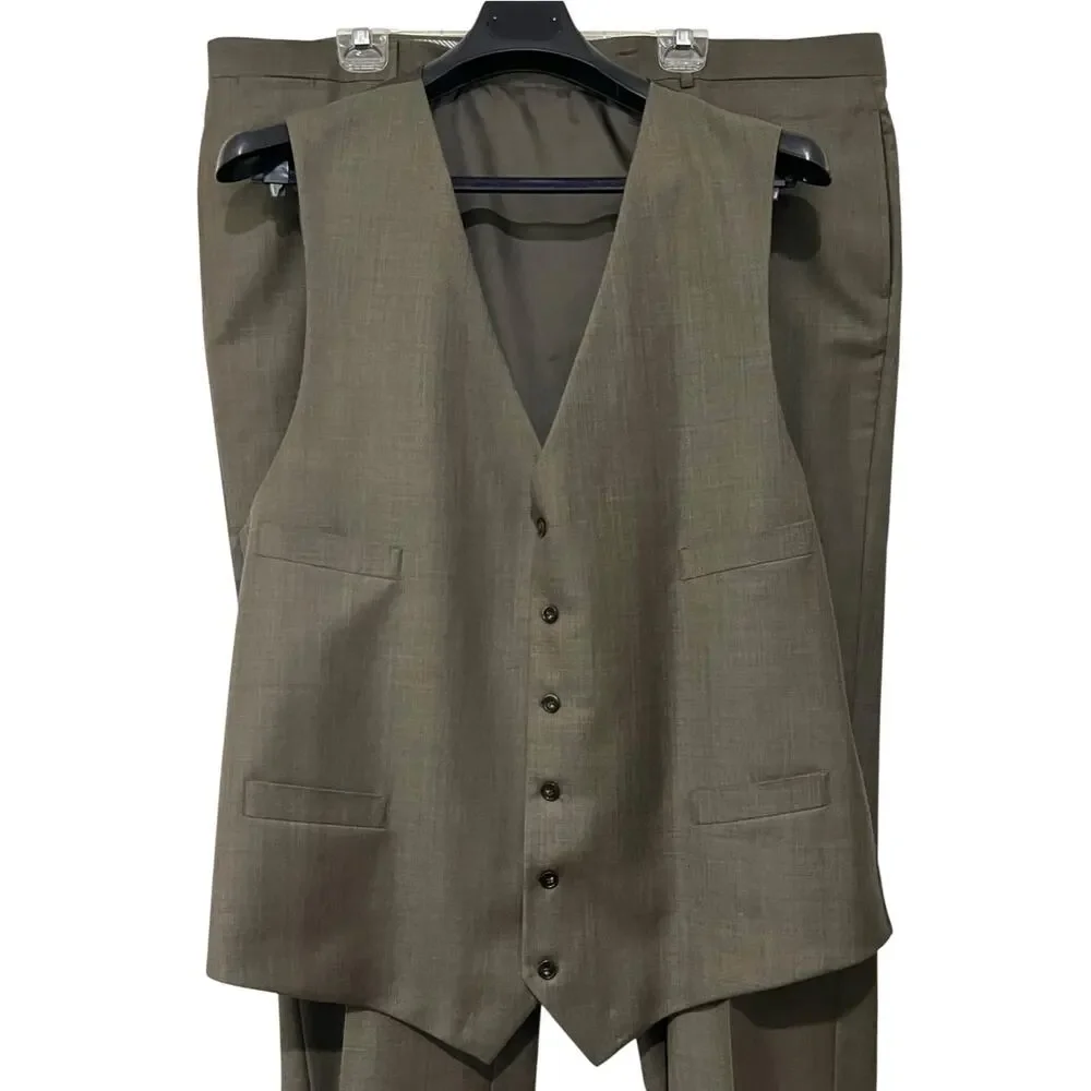 Tommy Hilfiger 3 Piece Suit Mens XL 52 Brown/Taupe Wool Vest Pants Formal